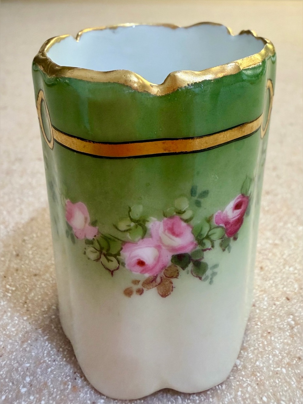 Antique Porcelain Toothpick Holder Floral Green Pink Rosenthal Bavaria Germany